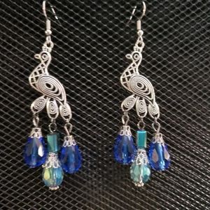 Antique silver and blue peacock earrings